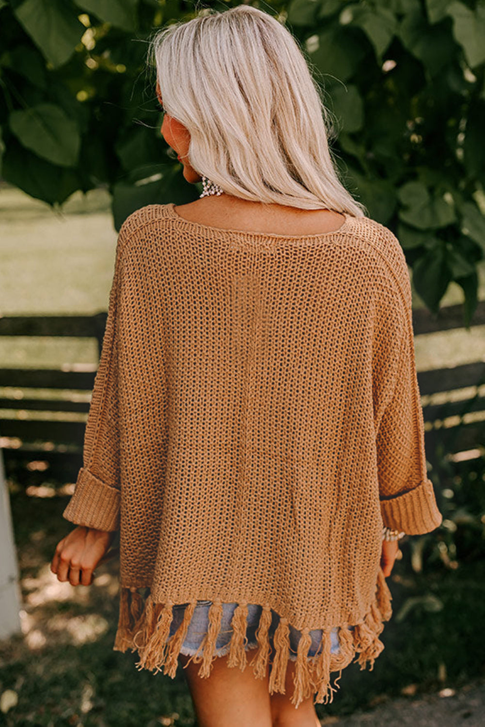 Camel Tasseled Hem Knit Baggy Sweater