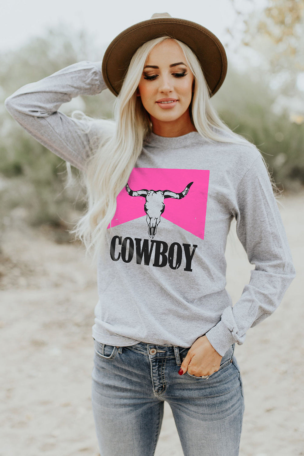 Gray COWBOY Steer Skull Graphic Long Sleeve Top