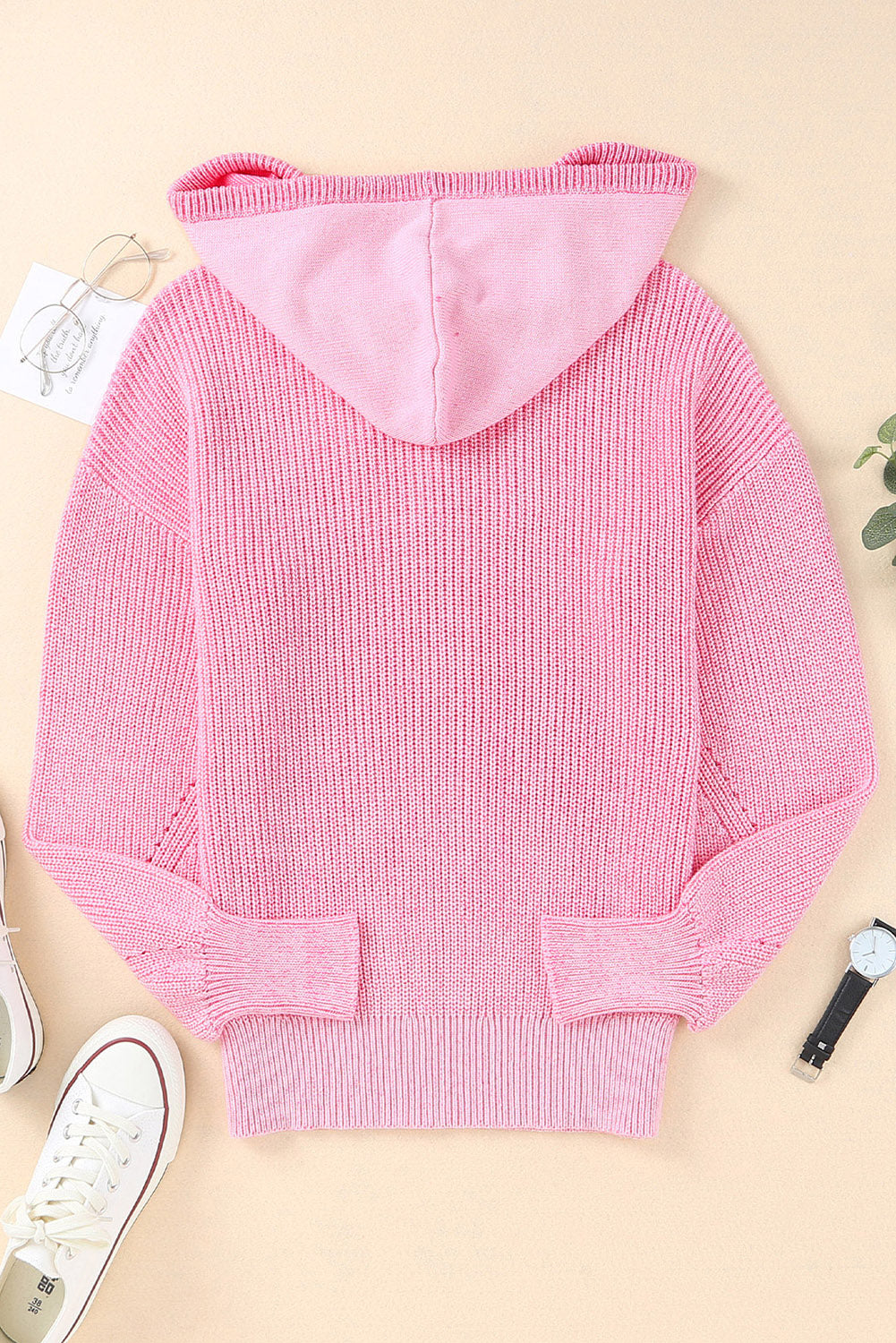 Pink Henley V Neck Hooded Sweater