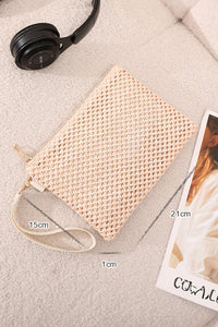 Beige Woven Zipper Wrist Strap Square Handbag