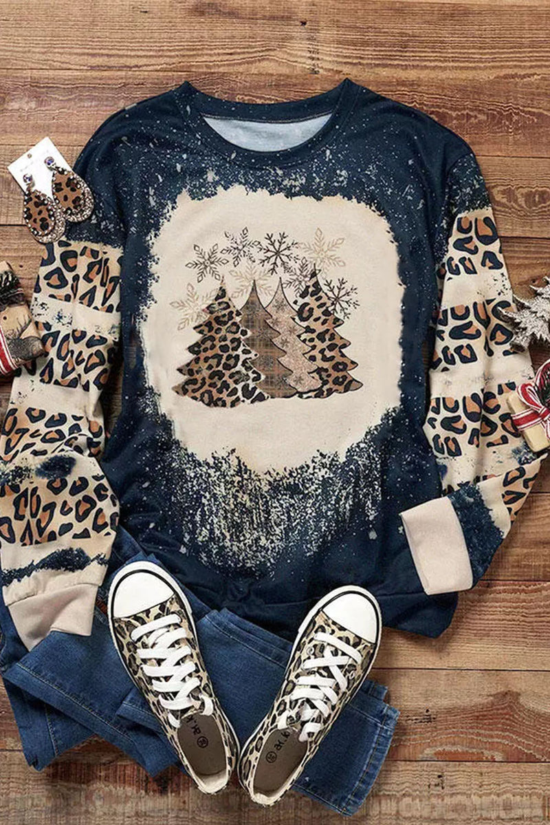 Black Christmas Tree Leopard Color Block Pullover Sweatshirt