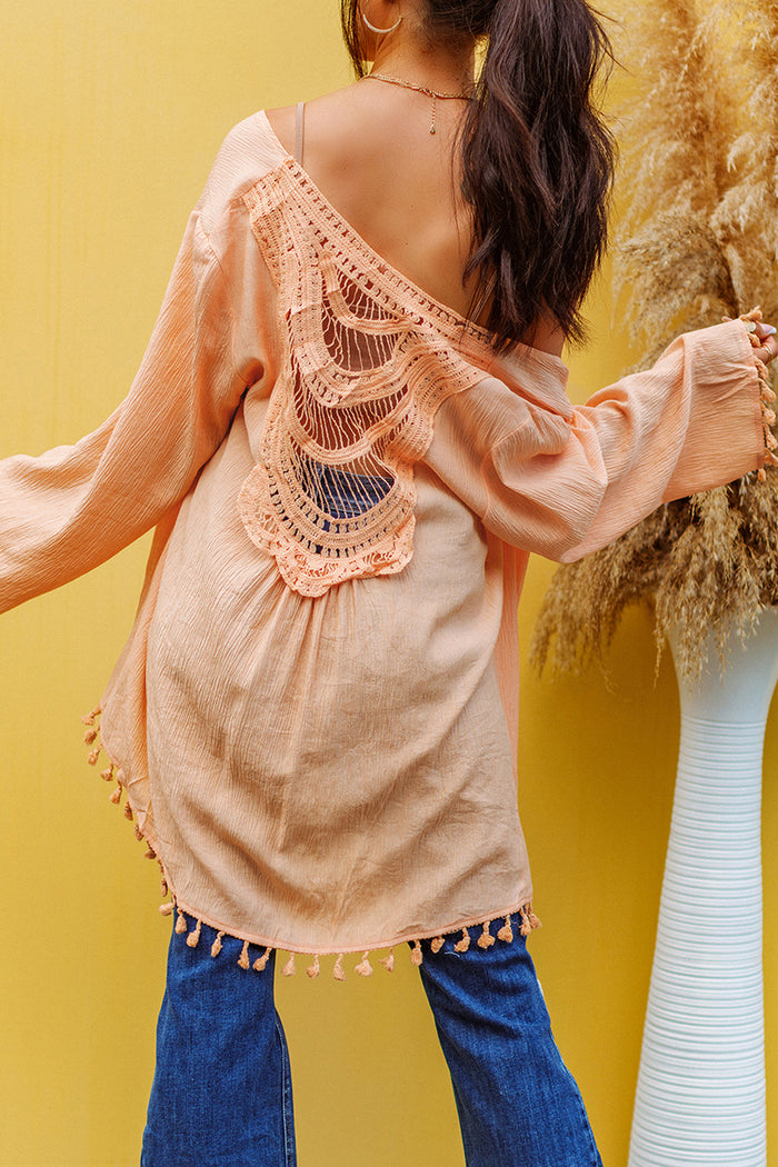 Apricot Crochet Tassel Beach Cover up