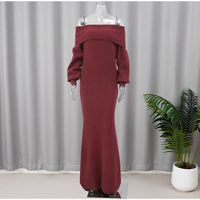 Women Burgundy Knitted Long Sweater Fashion Off-the-shoulder Pullover Long Dress Fall Winter Female Party Commuter Outfit