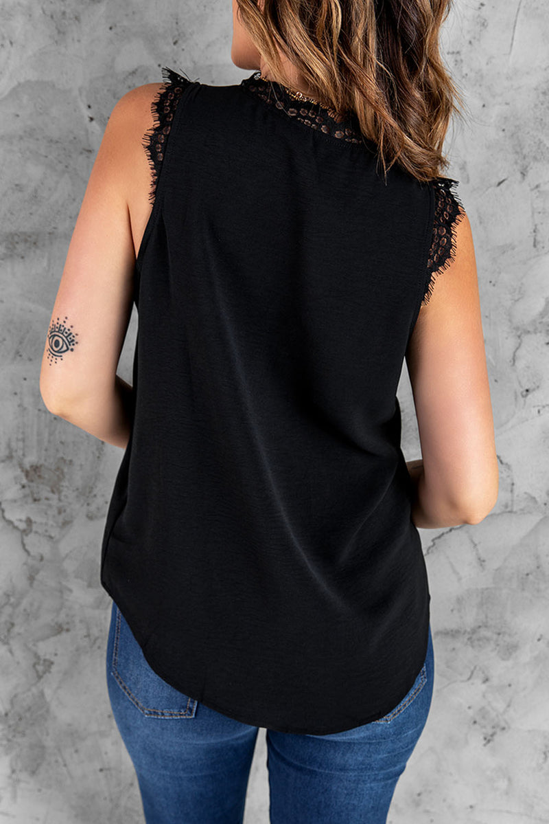 Blank Apparel - Black Sleeveless Eyelash Lace V Neck Tank Top