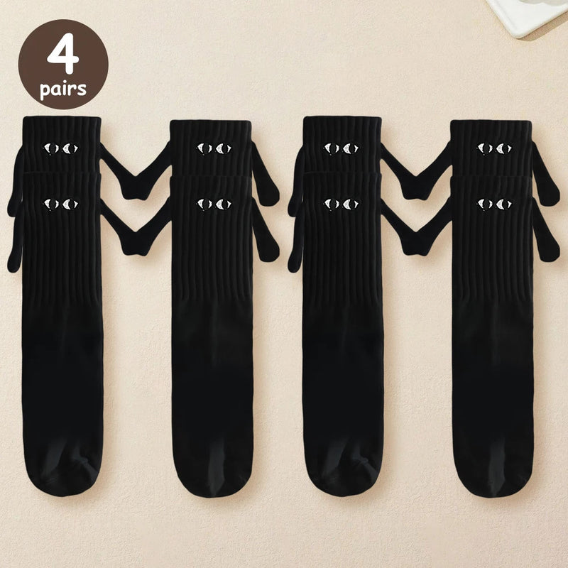 2/4/6/10 Pairs Magnetic Socks With Hands Women Men Fashion Black White Funny Cute Cartoon Eyes Couple Mid Tube Socks For Gifts