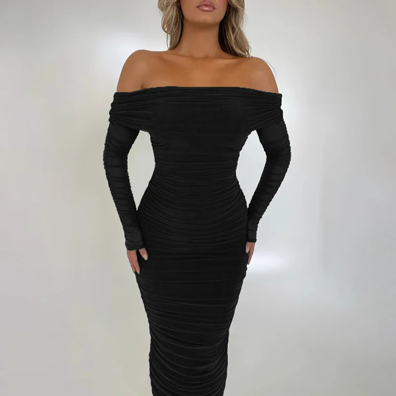 Mozision Off-shoulder Long Sleeve Sexy Maxi Dress For Women Autumn New Strapless Backless Bodycon Ruched Party Long Dress