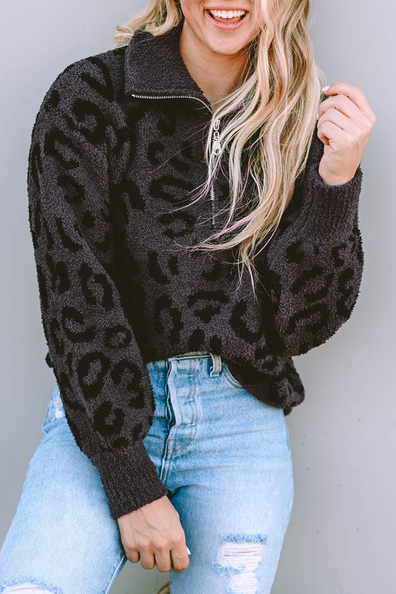 Gray Animal Print Zipped Collared Sweater