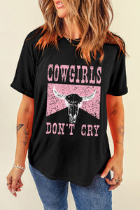 Black COWGIRL DONT CRY Steer Head Print Short Sleeve Top