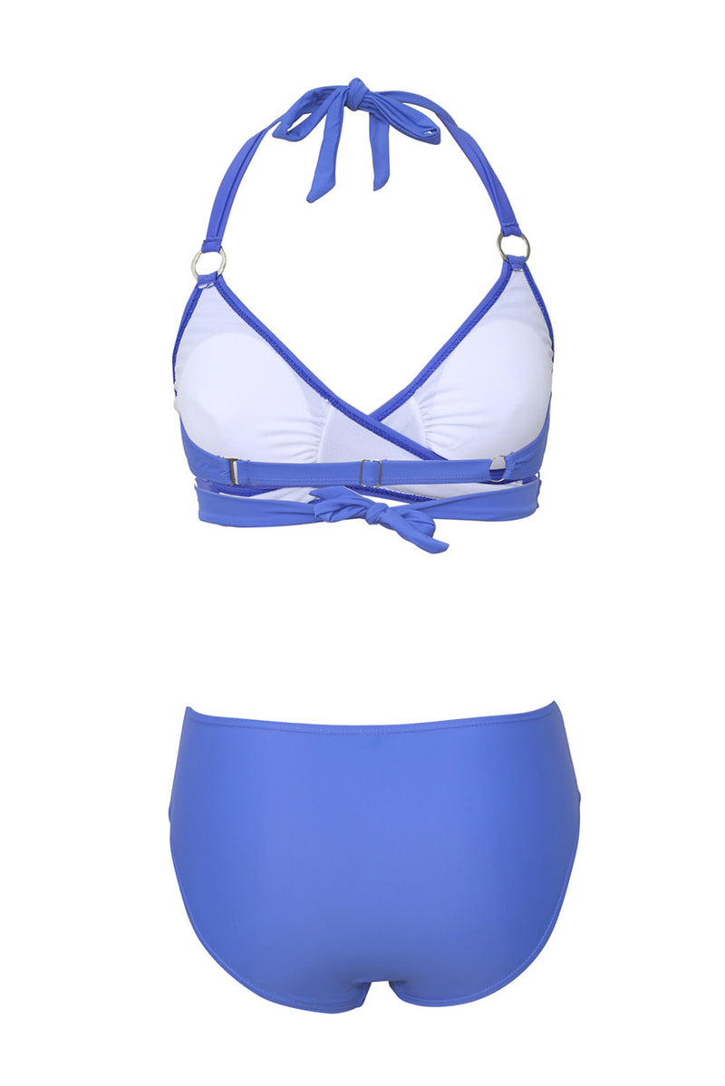 Blue Halter Neck Criss Cross High Waist Bikini Set