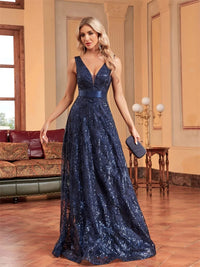 Lucyinlove Luxury Sexy Deep V-Neck Sequins Blue Evening Dresses Women Elegant V-back Wedding Party Long Prom Cocktail Dress