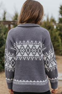 Gray Western Geometric Printed Quarter Zip Pullover Sweater