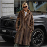 Dark Brown Faux Fur Long Overcoat For Women Fashion Lapel Single Breasted Loose Fluffy Plush Warm Coat Winter Thicken Outerwear