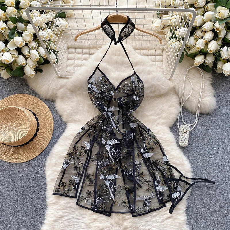 Strap Bow Hot Women Nightwear Mesh Sexy Night Dress Thin Tansparent Lace Pajamas Dress+Thong 2024 Lady Romantic Backless Nightie