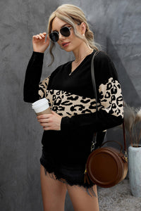 Black Leopard Colorblock V Neck Knit Sweater