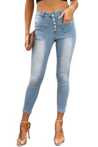 Light Blue Button Fly Skinny Jeans with Pockets