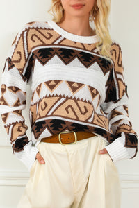 Multicolor Geometric Print Crew Neck Drop Shoulder Sweater