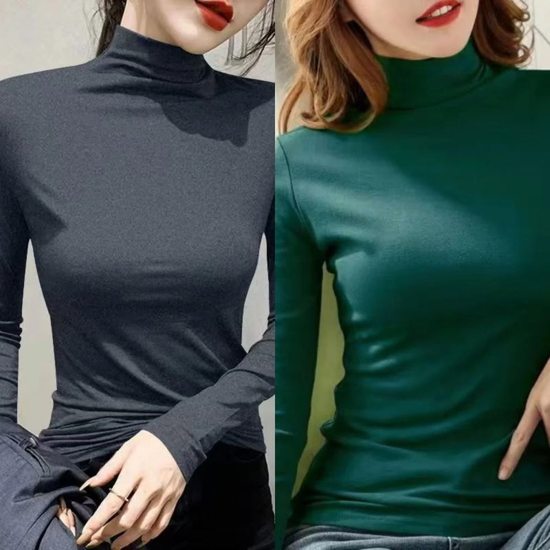 Plus Size Basic All-Match Women T-Shirt High Neck Casual Slim Fit Fleece Warm Autumn Winter Office Lady's Top Elegant Fashion