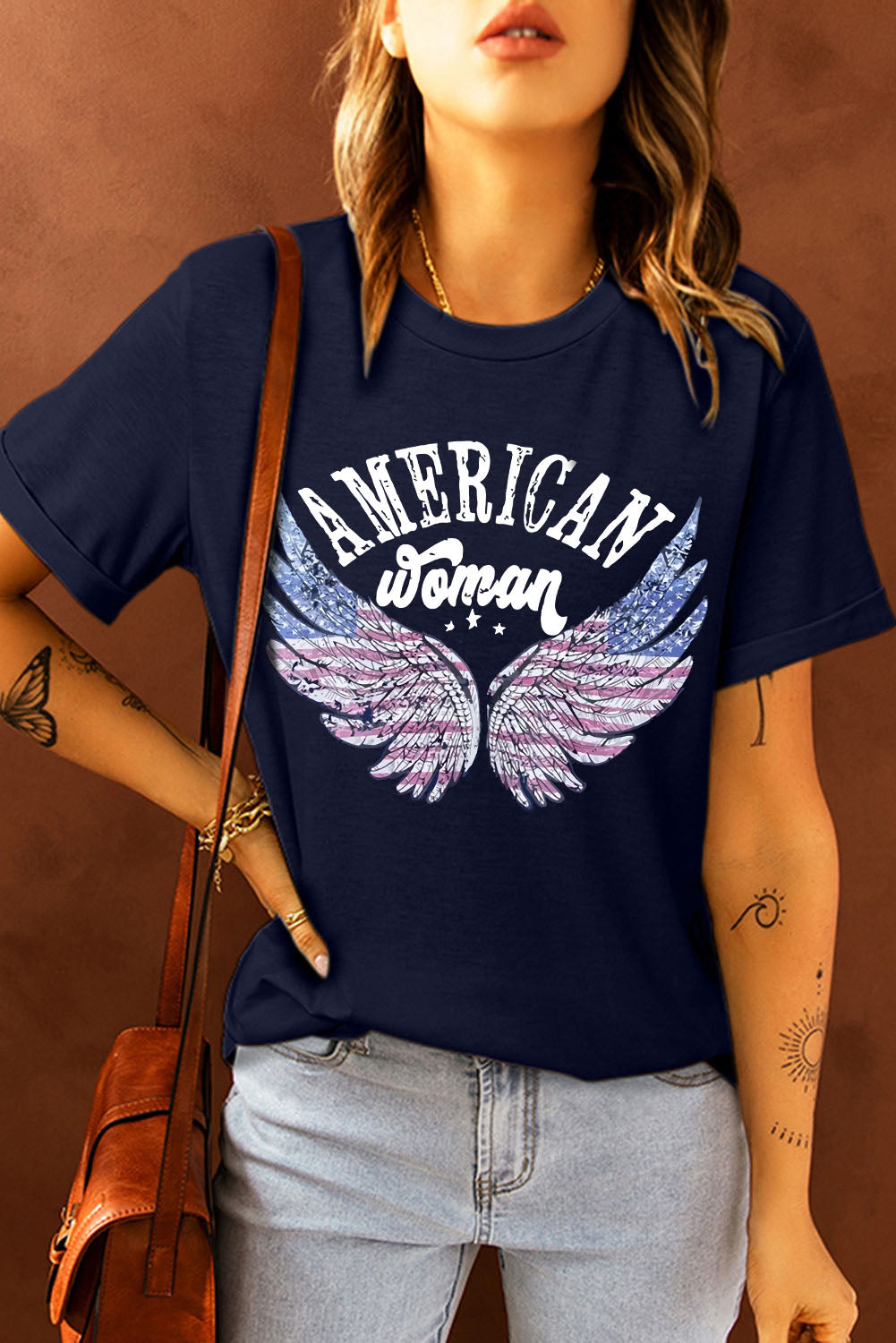 Blue American Woman Flag Eagle Wing Graphic Tee