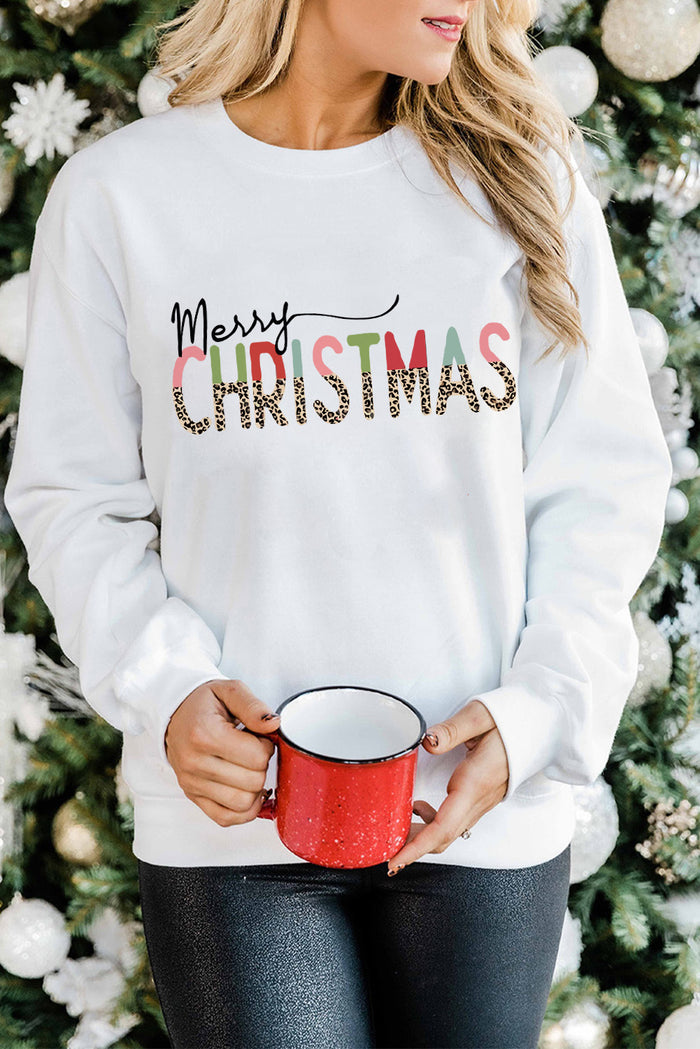 White Merry Christmas Leopard Print Long Sleeve Sweatshirt