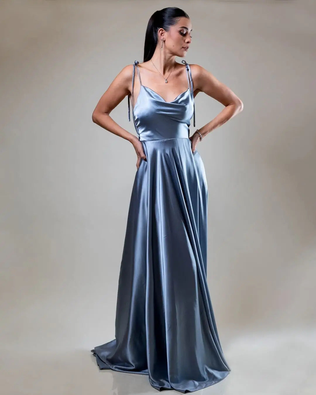 FATAPAESE Prom Dress Spandex satin Slit Side Dress A-LINE Scoop Stretch Slip Satin High Split Long Simple Evening Party