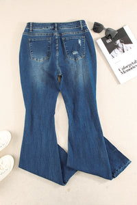 Sky Blue Dark Wash Mid Rise Flare Jeans