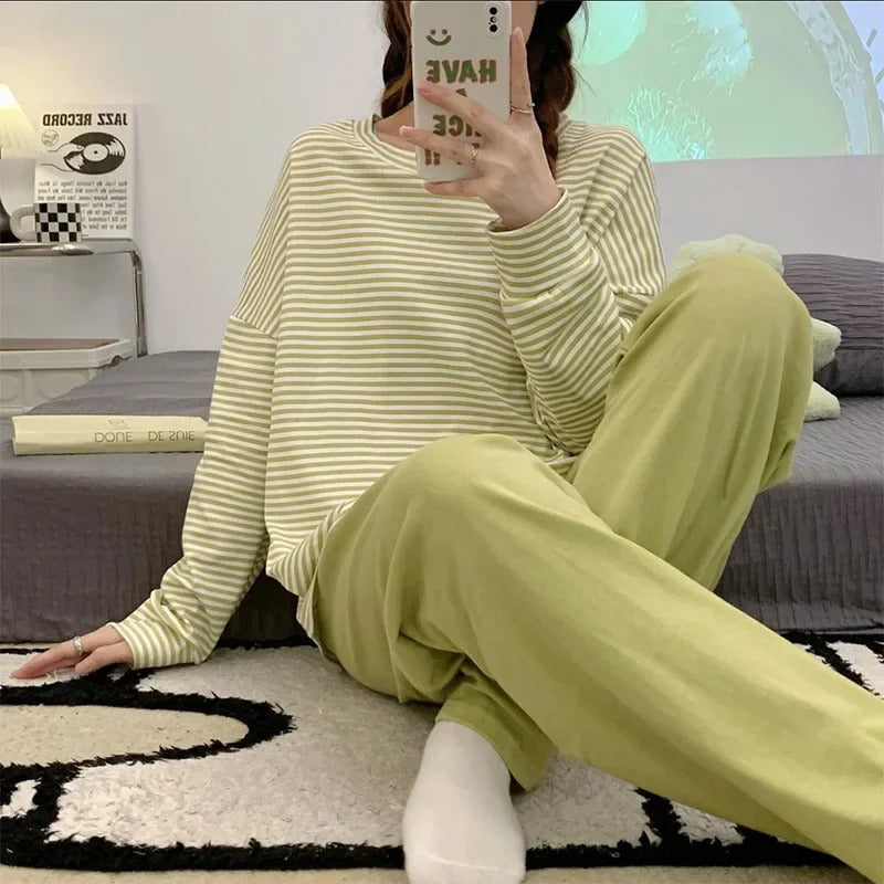 Women's Loose Round Neck Cute Kitty Homewear Pajamas Women's Simple Leisure Long Sleeve Long Pants Two-piece Suit Pajamas  Women