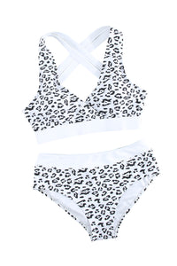 White Leopard Print Criss Cross Bikini Set