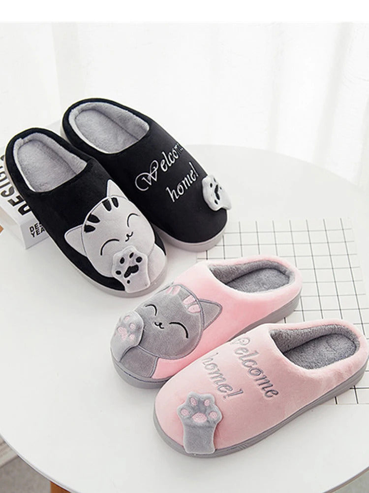 Women Winter Warm Slippers Cartoon Cat Shoes Furry Plush Slides Round Toe Flats Indoor Home Bedroom Floor Slippers Ladies Shoes