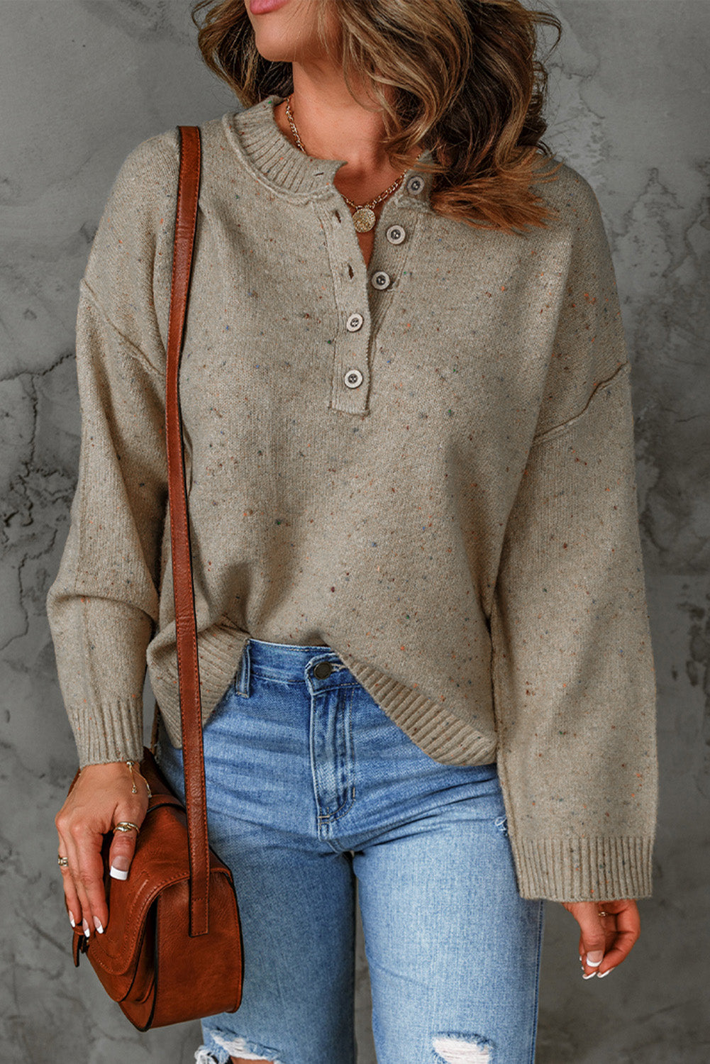 Khaki Buttoned V Neck Colorful Pilling Sweater