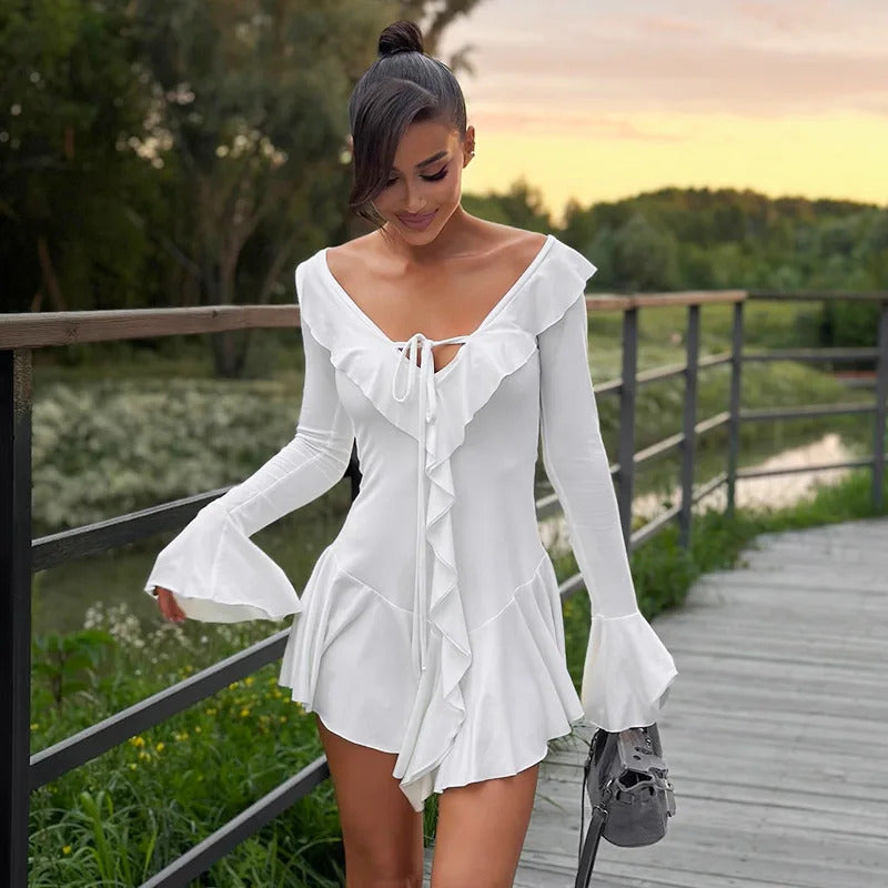 Tossy Ruffled Lace-Up White Mini Dress Women's V-Neck Patchwork Long Sleeve Sexy Slim Dress Bandage Elegant Female Summer Dress