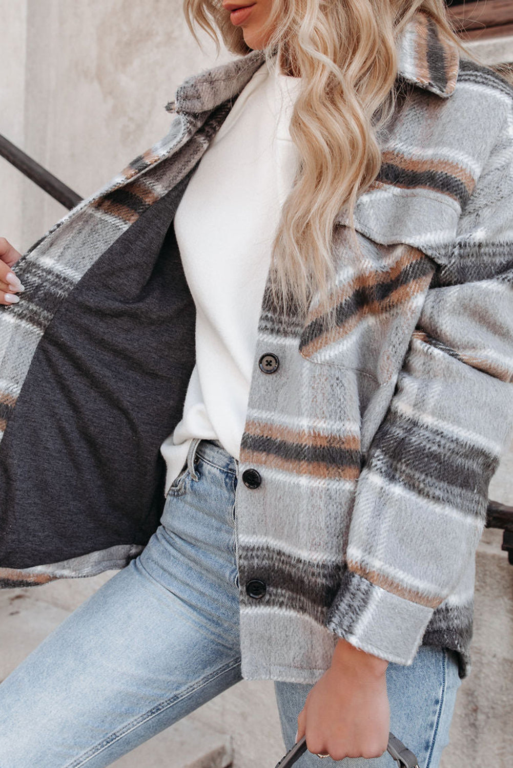 Gray Plaid Print Pocketed Shirt Jacket