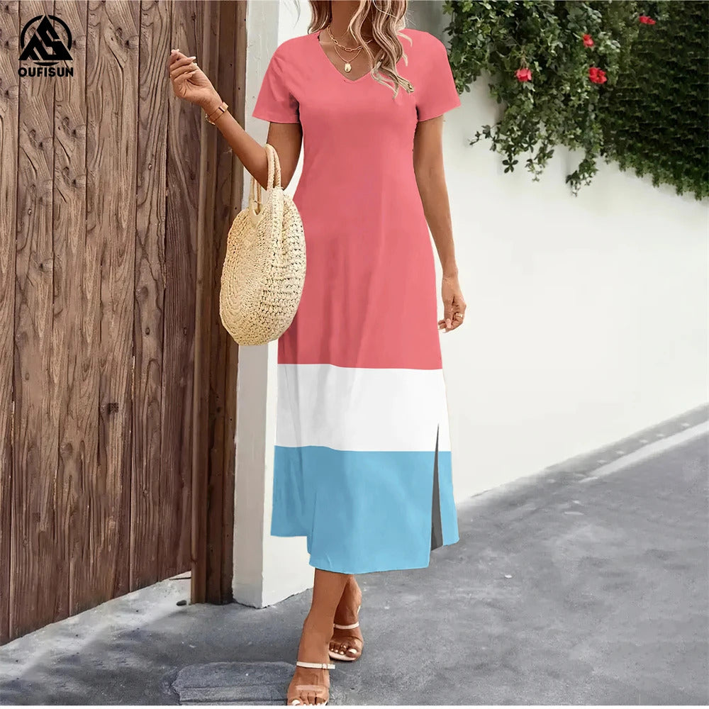 2024 New Women's Dresses Graphic Print Elegant Midi Dresses Female Short Sleeve Dress Fashion Oversized Clothes Summer