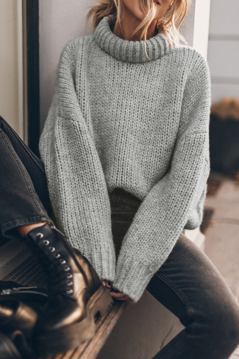 Light Grey Chunky Knit Turtle Neck Drop Shoulder Sweater