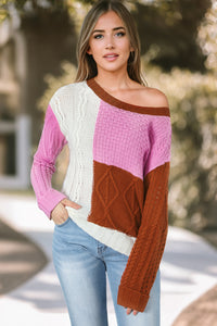 Multicolor Colorblock Mix Texture Knit Sweater