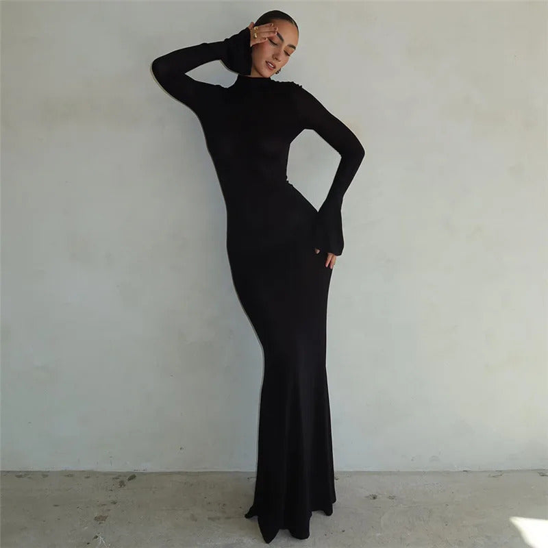 Autumn Winter Backless Sexy Party Club Black Bodycon Maxi Dresses Outfits for Women Long Sleeve Y2K Dress Vestido Streetwear New