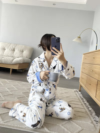 100% Cotton Pajamas for Women Loose Cartoon Long Sleeve Pants Loungewear Women 2 Piece Set Pj Women Outfit Sleepwear Set Pijamas