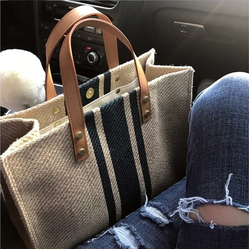 Simple Canvas Stripe Decor Bucket Handbags Women Top Handle Tote Bag Large Capacity Casual Shoulder Crossbody Bags