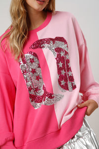 Pink Color Block Sequined Cowgirl Boots Graphic Sweatshirt