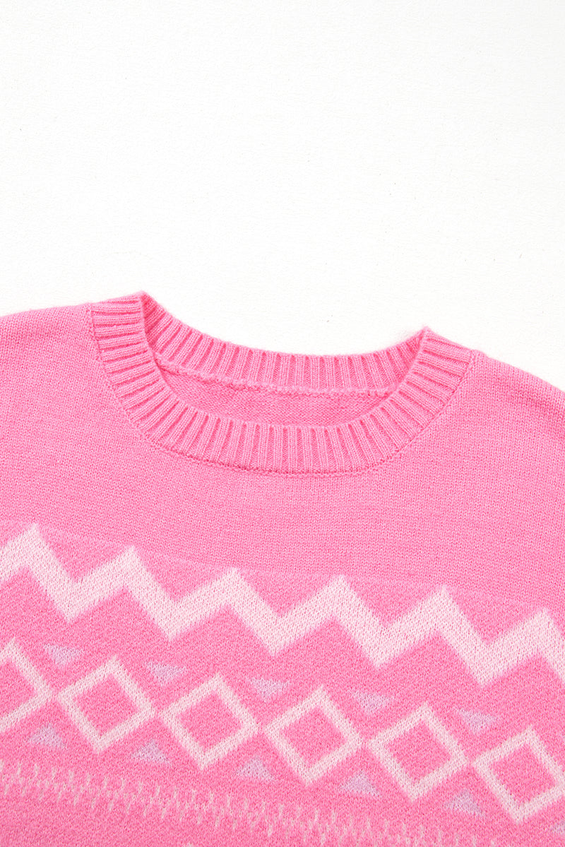 Pink Western Aztec Geometric Drop Shoulder Sweater