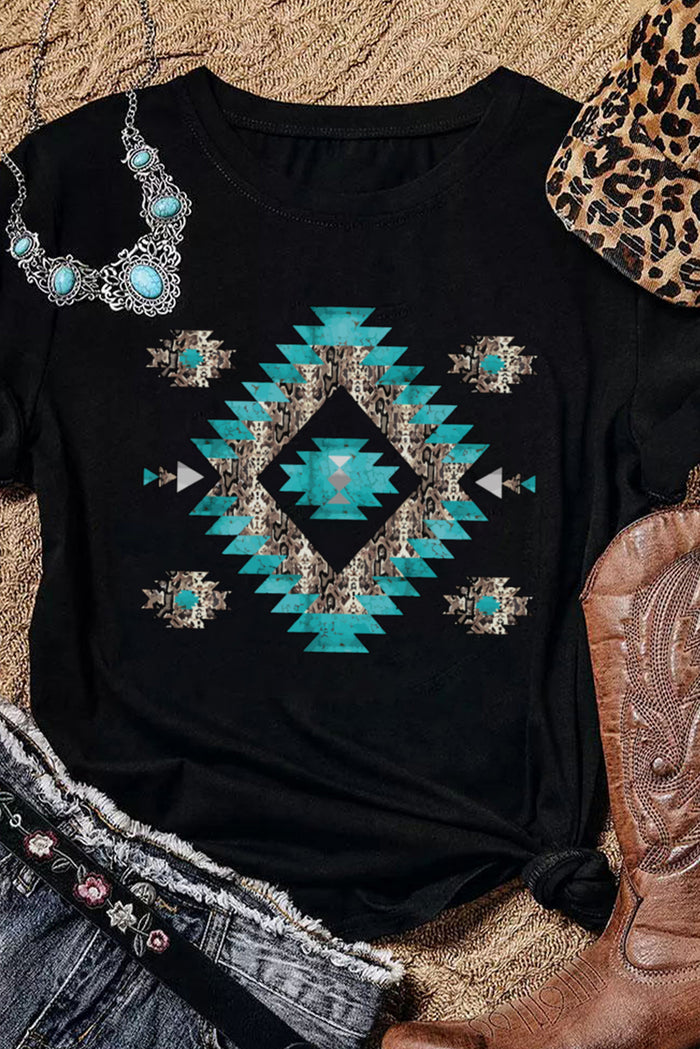 Black Western Aztec Printed Crewneck Graphic Tee