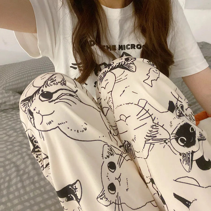 Pajama Pants Woman Cartoon Moe Cat Big Battle Pajama Trousers Female Student Trousers Loose Casual Trousers Lady Sleeping Pants