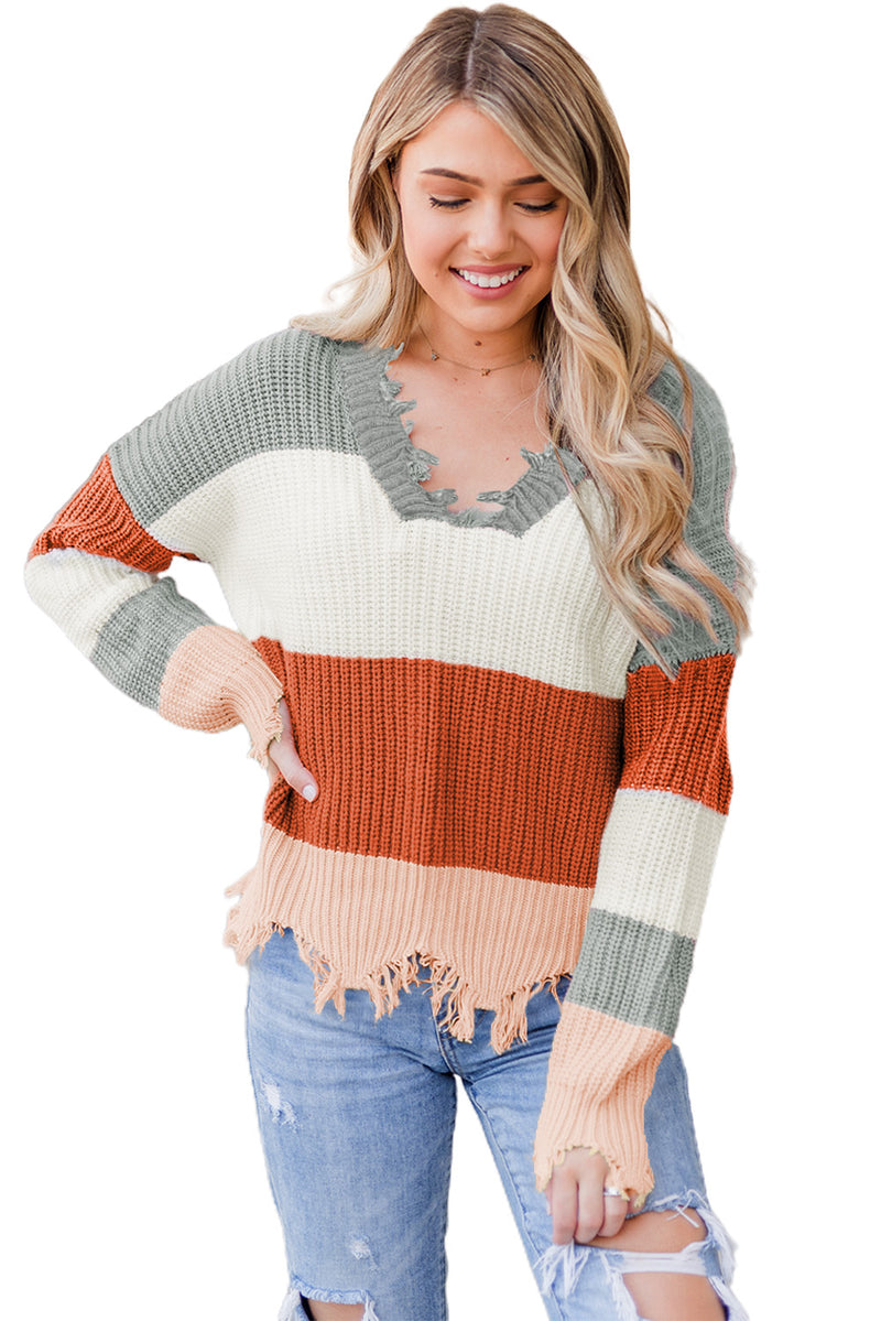 Gray Colorblock Distressed Sweater