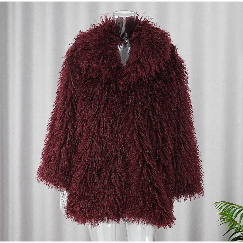 Red Smooth Hooded Fluffy Faux Fur Women Fasion Turn-down Collar Jacket Coat Winter Warm  Casual Commute High Street Outerwear