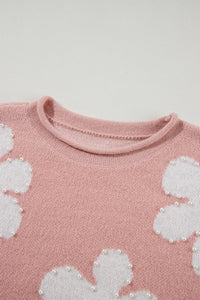 Light Pink Pearled Flower Distressed Edge Sweater T Shirt