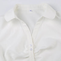 Solid Shirring Button Up Turn Down Collar Short Sleeve White Shirts Women Simple Casual Summer Clothes