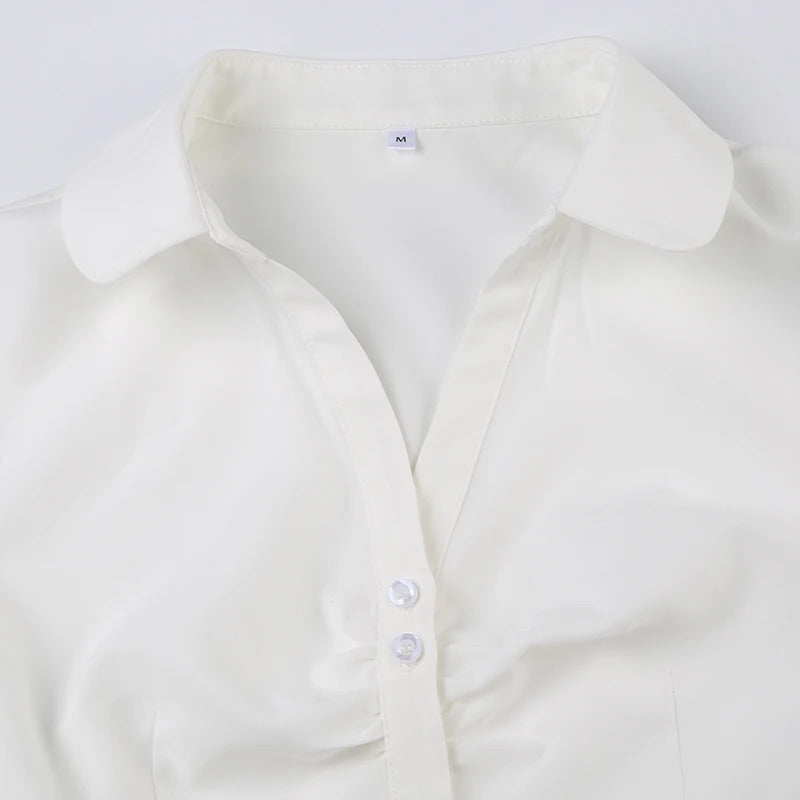 Solid Shirring Button Up Turn Down Collar Short Sleeve White Shirts Women Simple Casual Summer Clothes