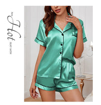 Womens Satin Pajamas Set Luxurious Short Sleeve Turn-down collar Button Top & Shorts Sleepwear & Loungewear for Summer Nightwear