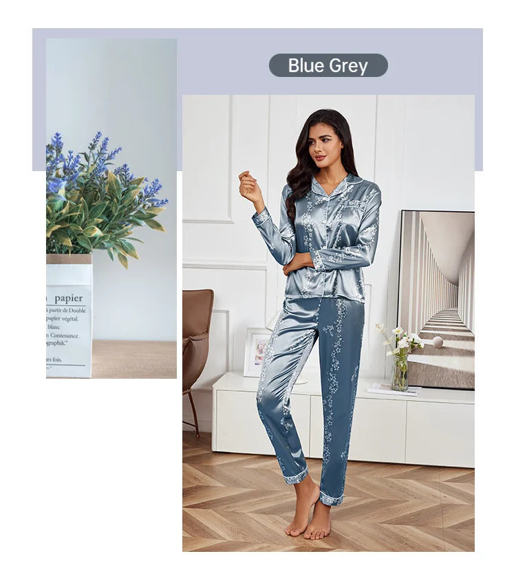 Pajamas Set Long Sleeve Sleepwear Women Button Down Nightwear Pj Sets Print Shirt with Trouser Loungewear Female Pyjamas Suits