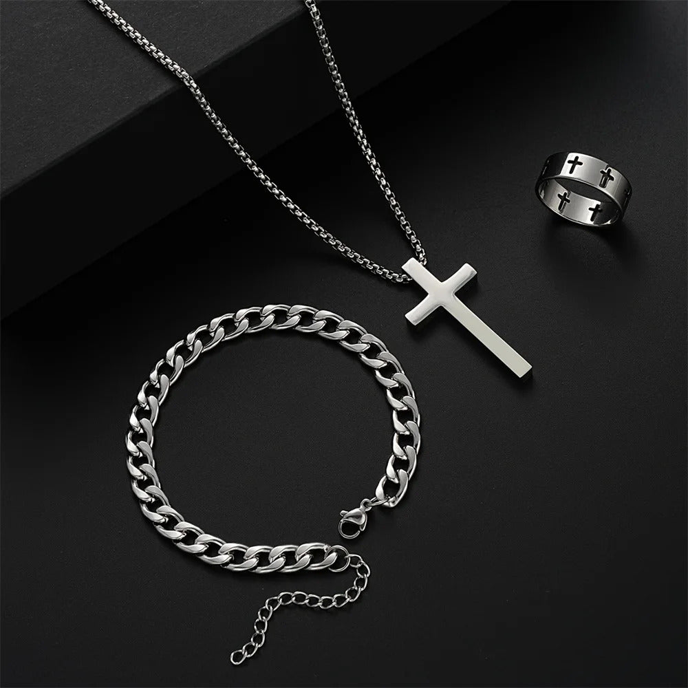 3pcs Set Men's Stainless Steel Metal Cross Pendant Chain Necklace Bracelet Ring Jewelry Set Male Hip Hop Daily Wear Accessories