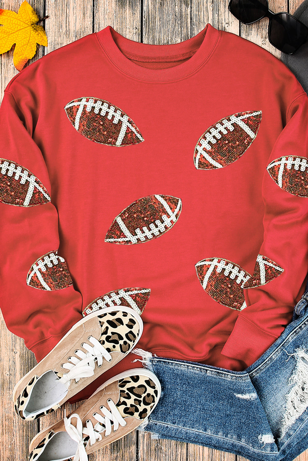 Fiery Red Sequined Rugby Graphic Drop Shoulder Sweatshirt